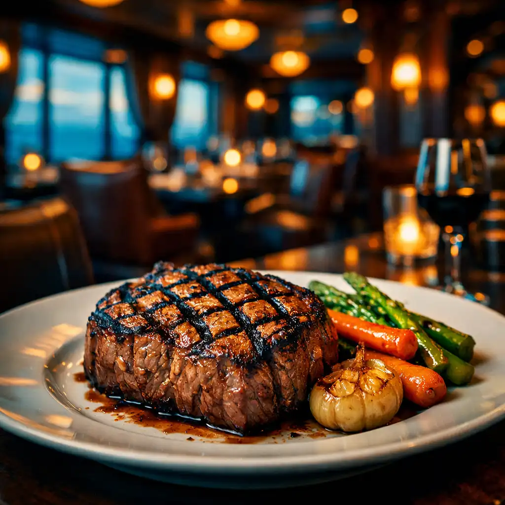 Perfectly grilled steak on a white plate with roasted vegetables in a premium steakhouse