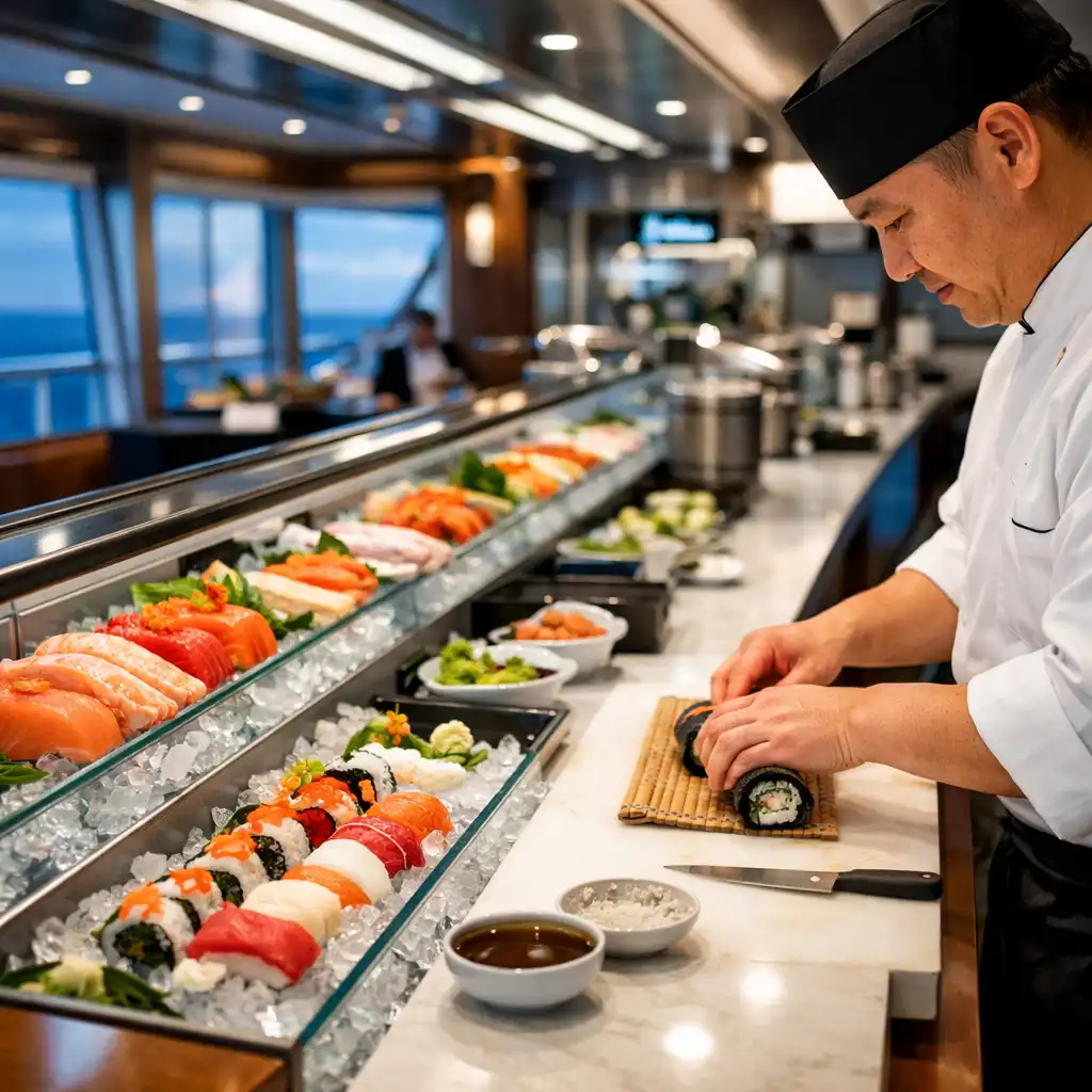 Modern sushi bar with fresh sushi and sashimi displayed on ice and a chef preparing rolls