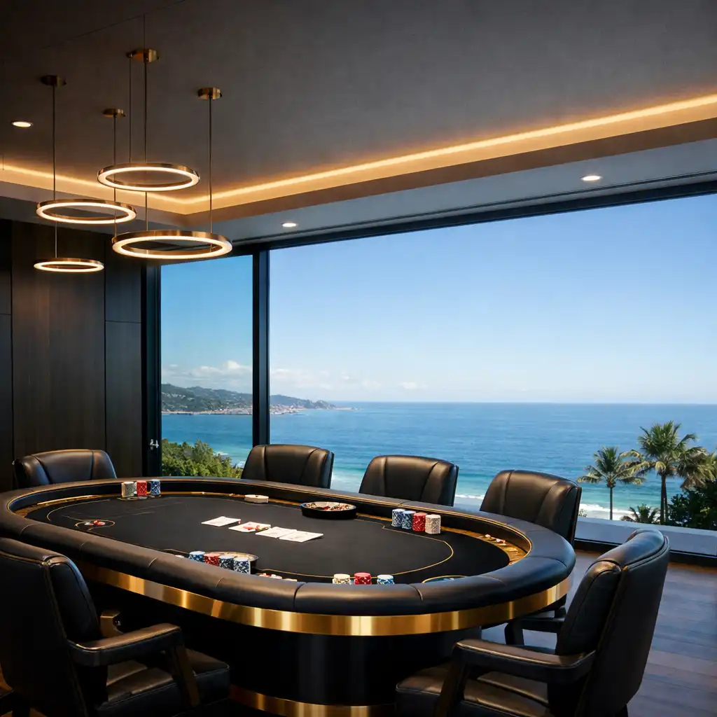 Modern poker club with sleek design, panoramic windows, and a stunning ocean view