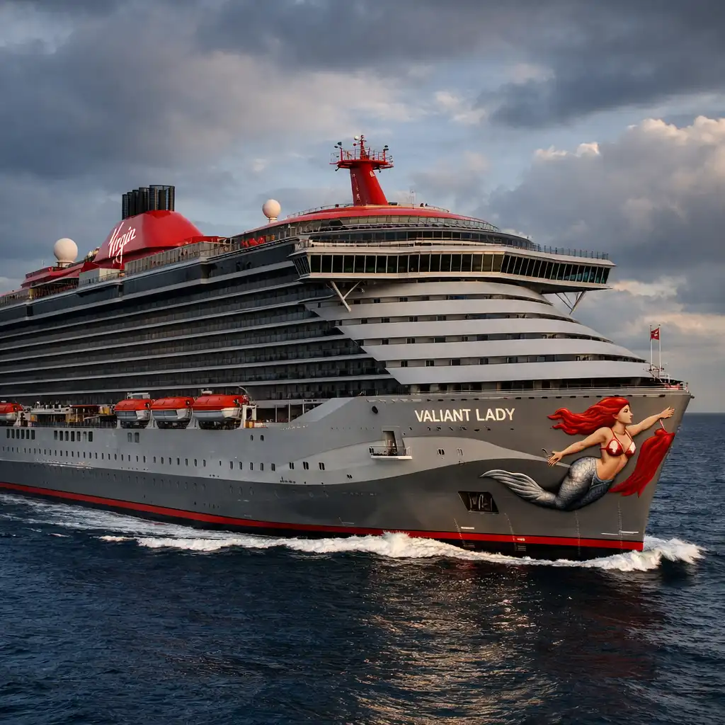 Virgin Voyages' Valiant Lady at sea with its sleek grey and red design