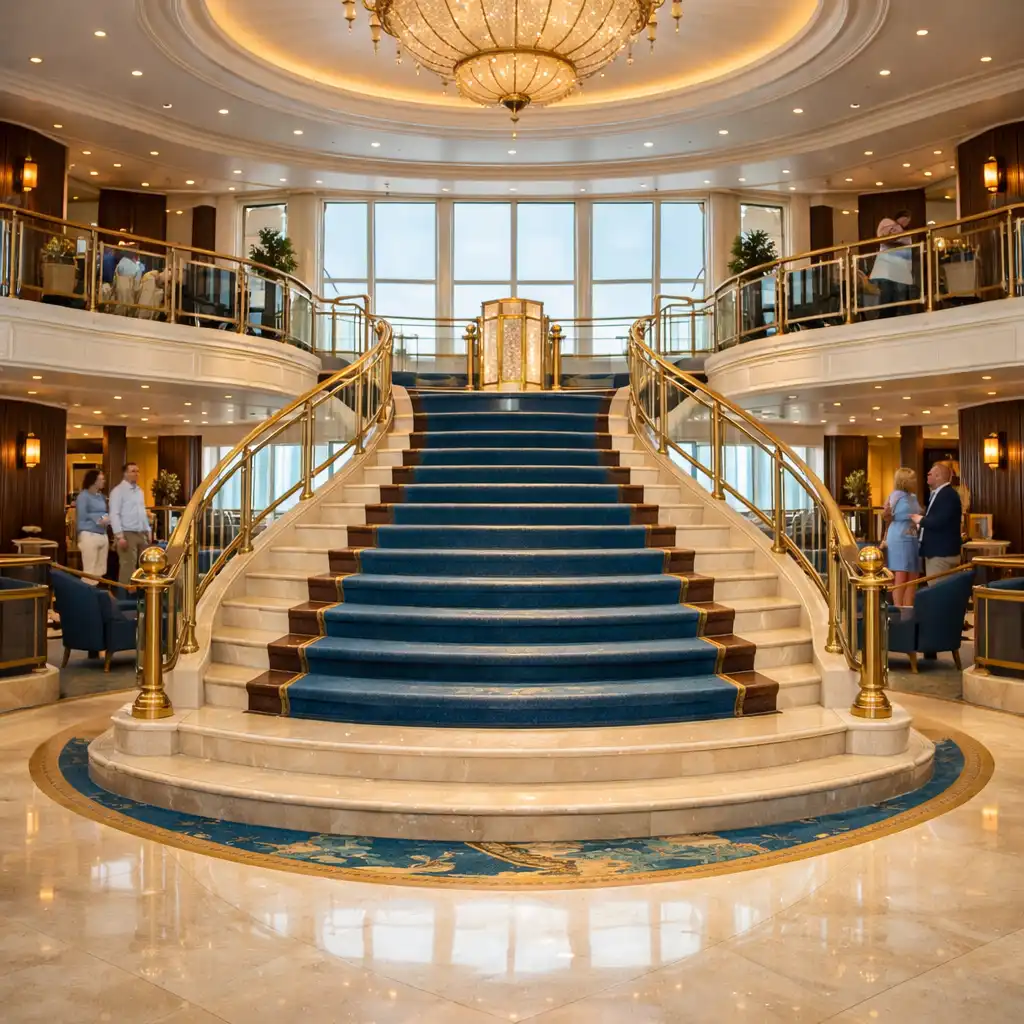 Elegant cruise ship atrium with a sweeping staircase and brass railings